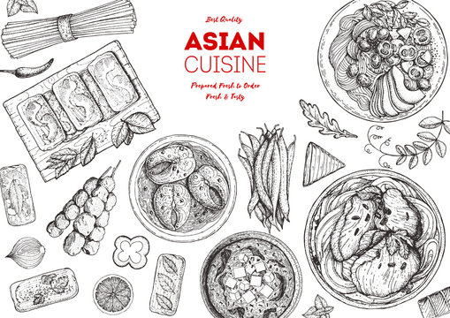Asian cuisine sketch collection. Hand drawn vector illustration. Food menu design template, engraved elements. Food set.