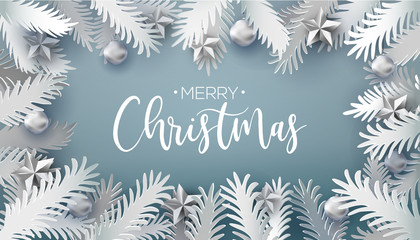 Merry Christmas Tree Branches Border decorated holidays balls and stars. Vector Illustration. Paper art cut out branches around calligraphy greetings. Retro styled web banner, poster, card