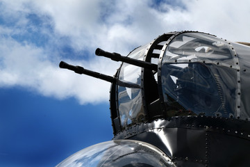 Nose turret of Lancaster bomber with twin 0.303 machine guns.