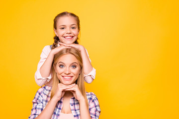 Offspring emotion expressing concept. Close up portrait of cheerful excited funny funky cute nice lovely sweet family photo isolated on bright vivid background copyspace