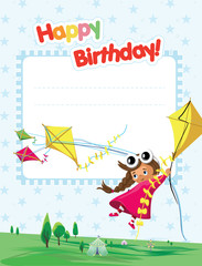 Birthday celebration party card design. Girl Flying with a kite.