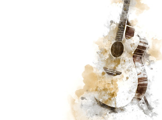 Abstract colorful Guitar in the foreground on Watercolor painting background and Digital illustration brush to art.