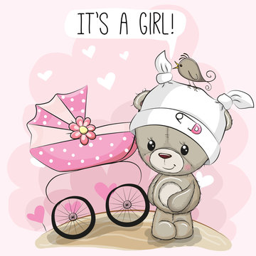 Greeting card it is a girl with baby carriage and teddy