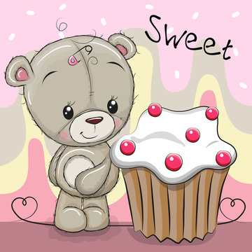 Cute Cartoon Teddy Bear with cake