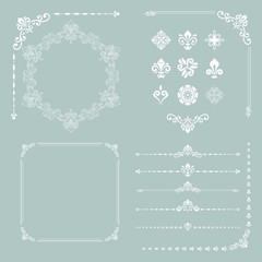 Vintage set of horizontal, square and round elements. Different elements for decoration design, frames, cards, menus, backgrounds and monograms. Classic patterns. Set of vintage white patterns