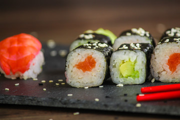sushi rolls Fresh and delicious (portion of sushi) - Sushi menu. Japanese food. food background
