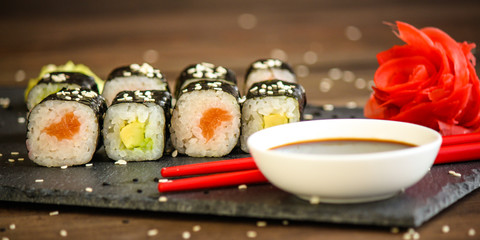 sushi rolls Fresh and delicious (portion of sushi) - Sushi menu. Japanese food. food background