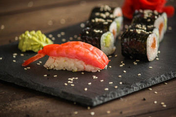 sushi rolls Fresh and delicious (portion of sushi) - Sushi menu. Japanese food. food background