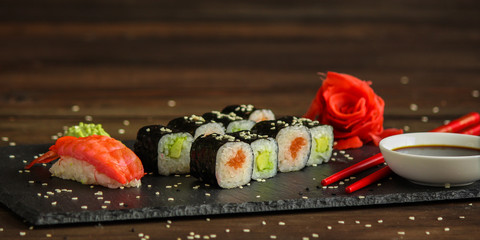 sushi rolls Fresh and delicious (portion of sushi) - Sushi menu. Japanese food. food background