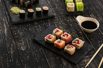 sushi rolls Fresh and delicious (portion of sushi) - Sushi menu. Japanese food. food background