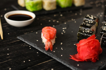 sushi rolls Fresh and delicious (portion of sushi) - Sushi menu. Japanese food. food background