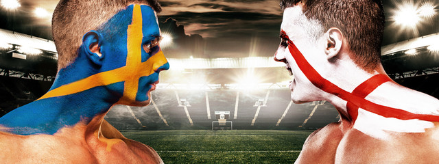 Soccer or football fan with bodyart on face on stadium - flags of Sverige, Sweden vs England. Sport Concept with copyspace.
