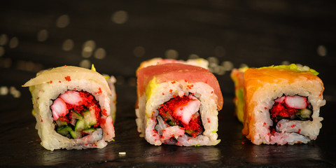 sushi rolls Fresh and delicious (portion of sushi) - Sushi menu. Japanese food. food background