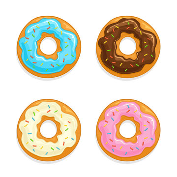 Set of donuts with glaze and colorful sprinkles