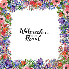 Fototapeta na wymiar Watercolor Floral Background. Hand painted border of flowers. Good for invitations and greeting cards. Frame isolated on white and brush lettering. Spring blossom