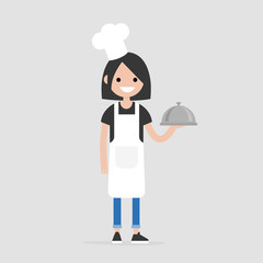 Smiling female chef holding a metal cloche. Serving food. Restaurant. Flat editable vector illustration, clip art
