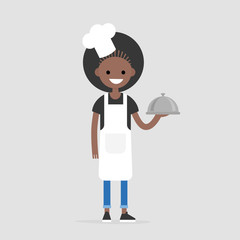 Smiling black female chef holding a metal cloche. Serving food. Restaurant. Flat editable vector illustration, clip art