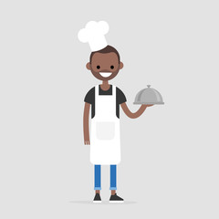 Smiling black male chef holding a metal cloche. Serving food. Restaurant. Flat editable vector illustration, clip art