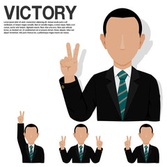 Set of businessman is presenting victory hand sign