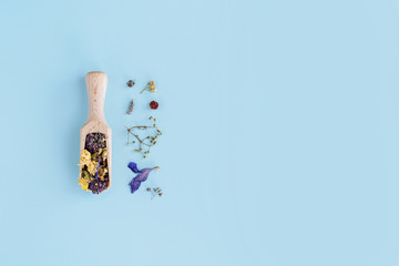Dried flowers in wooden spoon on blue background. Flat lay, top view.