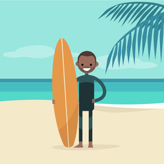 Young happy surfer wearing a wetsuit and holding a surfboard. Summer. Tropical beach. Flat editable vector illustration, clip art