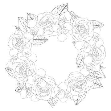 Rose and Iris Flower Wreath Outline
