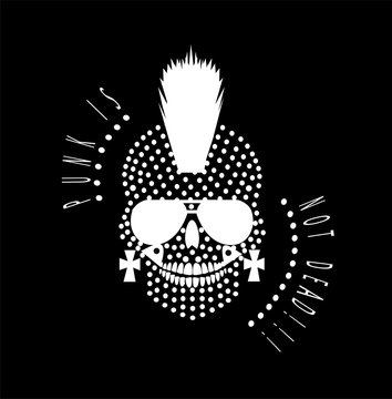 Punk is not dead skull icon with sunglasses and dots