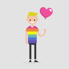 LGBT, LGBTQ+. Young smiling character wearing a rainbow t shirt and holding a heart shape balloon. Flat editable vector illustration, clip art