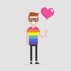 LGBT, LGBTQ+. Young smiling character wearing a rainbow t shirt and holding a heart shape balloon. Flat editable vector illustration, clip art