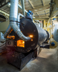 Burning bio pellets fuel in the boiler. Economical, ecologicla fuel.