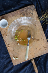 Dirty dish or plate after having food. Finished lunch or dinner and empty plate with traces of food left. Kitchenware concept.