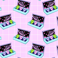 Cosmic seamless pattern with alien masks in a box patches, planets, etc. Pink grid background.