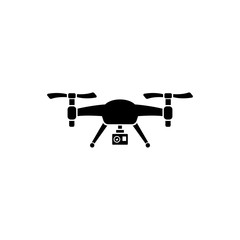 Drone Quadrocopter with Action Camera. Flat Vector Icon illustration. Simple black symbol on white background. Drone Quadrocopter with Action Camera sign design template for web and mobile UI element