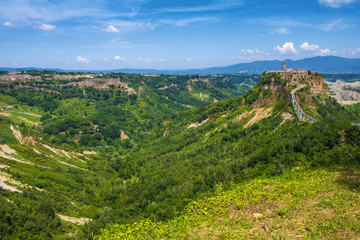 Civita di Bagnoregio, Italy - Panoramic view of historic town of Civita di Bagnoregio with surrounding hills and valleys of Lazio region