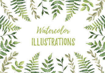 Watercolor illustration. Botanical frame with branches of eucalyptus and ferns. Greenery collection. Perfect for wedding invitations, greeting cards, blogs, posters and more