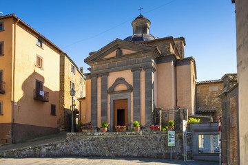 Bagnoregio, Italy - St. Bonaventure Church in historic center of old town quarter at Piazza di Porta Albana square