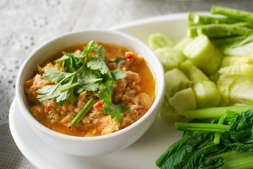 thai traditional healthy delicious grilled fish chili paste with side boiled vegetables