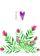 card with beautiful small flowers and hearts on a white background. watercolor illustration