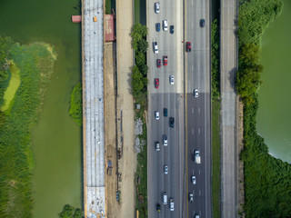 Aerial view of traffic on a major Texas freeway. 