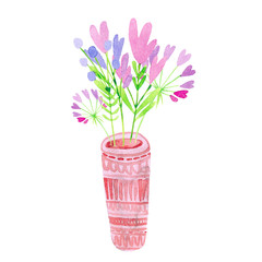 delicate little pink flowers in a high vase with ornament. watercolor illustration