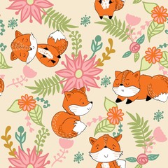 Vector hand drawn seamless pattern. Cute cartoon fox with flowers.