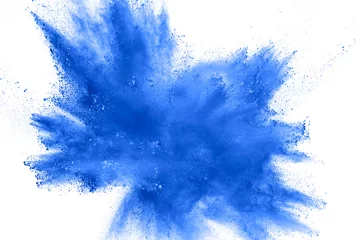 Foto op Plexiglas Abstract blue dust explosion on white background.  Freeze motion of blue powder splash. Painted Holi in festival. © Pattadis