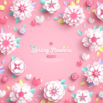 White paper flowers on pink background