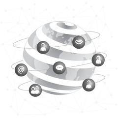 Worldwide connection concept.  Global communications network. Globe on High-tech technology background texture in gray. Stock vector. Vector illustration EPS10.  