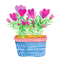 stylized beautiful pink flowers in a blue pot with ornament. watercolor illustration