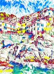 Fototapeta na wymiar Beauty view on Vernazza, Cinque Terre. Italian small city near sea. Big size oil painting fine art. Modern impressionism drawn artwork. Creative artistic print for canvas or paper. Poster or postcard.