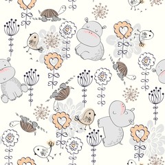 Vector hand drawn seamless pattern with flowers and hippos