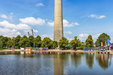 Naklejka premium Munich, Germany - June 09, 2018: The Olympiapark and lake in Munich, Germany