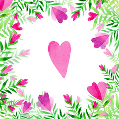Beautiful watercolor frame with stylized pink flowers and hearts on a white background