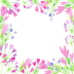 Watercolor frame with stylized pink flowers and hearts on a white background